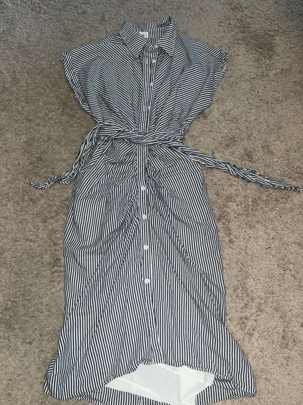 Striped Button-Front Midi Shirt Dress with Waist Tie - Black/White
